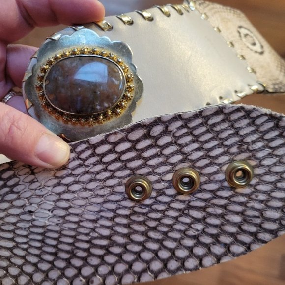 BOHO Cobra Snakeskin Belt with Bronzite Crystal Gemstone Beige Leath… - Picture 6 of 6